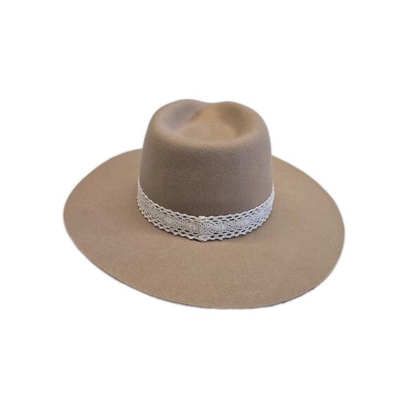 WYETH Anthropologie Wool Rancher Hat Wide Brim Fedora Tan Crochet Lace Band Boho main image 7